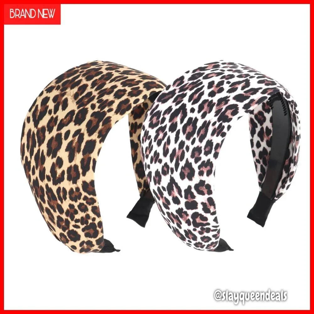 Wide Leopard Print Headbands Set of 2, Soft Cloth Hair Accessories for Women
